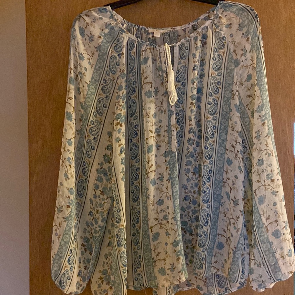 White large blouse with blue and brown print
